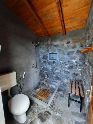 a bathroom with a toilet and a stone wall at A Casa dos Meus Sonhos in Santo Amaro