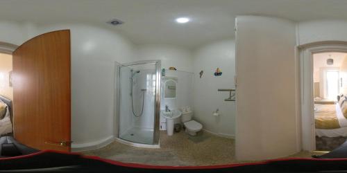 łazienka z prysznicem, toaletą i łóżkiem w obiekcie Wulfruna Hotel w mieście Paignton
