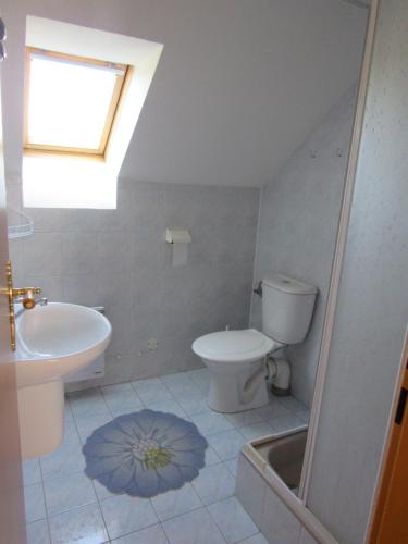ein Badezimmer mit einem WC, einem Waschbecken und einem Dachfenster in der Unterkunft Apartmány Bobrovnik in Liptovská Sielnica