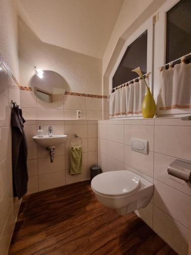 a bathroom with a toilet and a sink at Lias Ferienhaus in Geeste