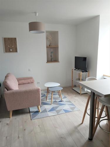 un salon avec un canapé et une table dans l'établissement Studio DUNE- Côte de GRANIT ROSE, à Ploubezre