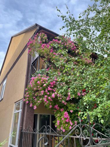 a building with pink flowers on a balcony at Hotel Crocus in Bosteri