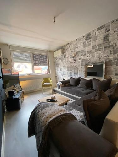 a living room with a couch and a tv at Book home in Vršac