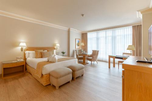 a hotel room with a large bed and a desk at Gran Hotel Los Abetos in Santiago de Compostela