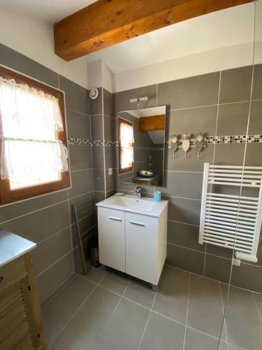 une salle de bain avec un lavabo blanc et un miroir dans l'établissement Les Canali, à Santo-Pietro-di-Tenda