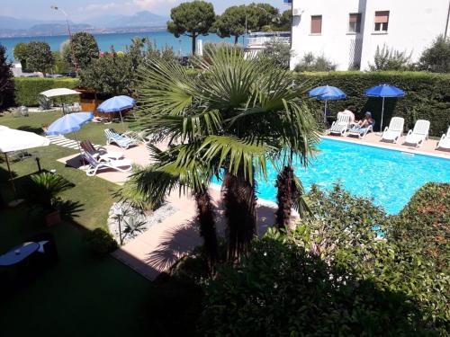 a palm tree next to a swimming pool at Hotel Fornaci in Peschiera del Garda
