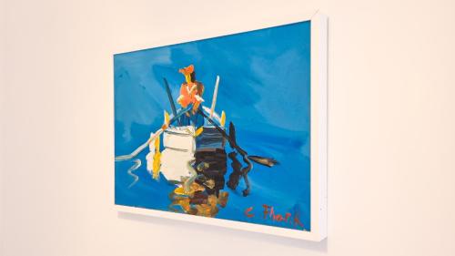 a painting of a boat in the water at Apt - Villa Sambije with swimming pool, Dobrec - Opatija in Dobreć