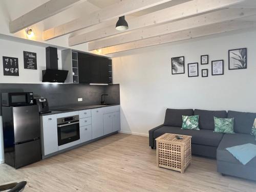 a living room with a couch and a kitchen at Loft Wohnung Appartement auf 2 Etagen, Nähe Neckar in Neckarwestheim