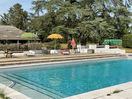 a swimming pool with chairs and umbrellas in a yard at Chateau Tout Y Fault in Loriges