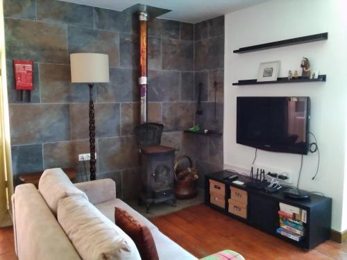ein Wohnzimmer mit einem Sofa und einem Kamin in der Unterkunft Casa da Vinha Grande in Poiares