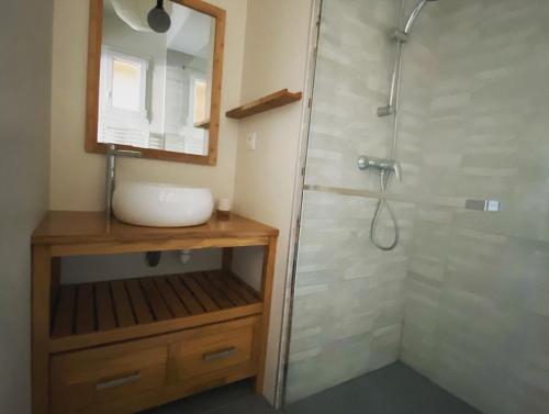 La salle de bains est pourvue d'une douche, d'un lavabo et d'un miroir. dans l'établissement Maison calme familiale proche plages, à Erquy