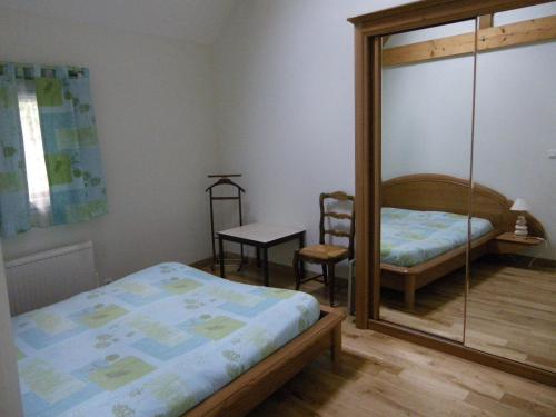 Un dormitorio con una cama, un espejo y una silla. en Gîte Desvergnes, en Tours