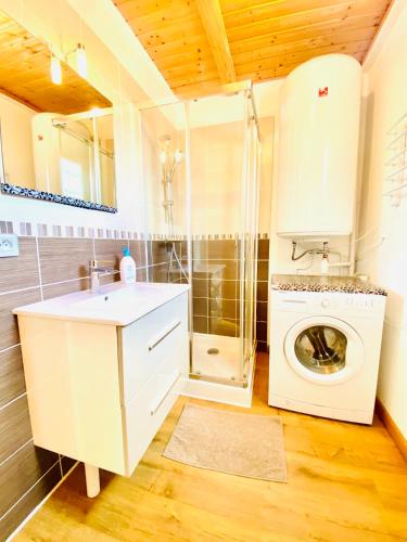 une salle de bain avec un lavabo et une machine à laver dans l'établissement Gîte AXALY Gorges de l'Ardèche, à Saint-Just