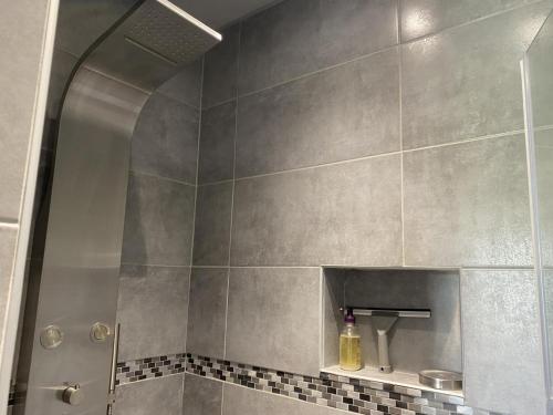 W łazience znajduje się prysznic ze szklanymi drzwiami. w obiekcie Charmant gîte avec piscine partagée, terrasse et parking privé à deux pas de Moulins - FR-1-489-373 w mieście Neuvy