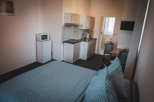 a small room with a bed and a kitchen at Hotel Apartment Faraon in Rumburk