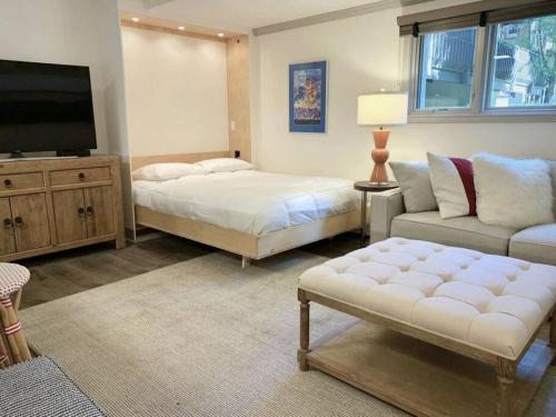 a bedroom with a bed and a couch and a tv at Convenience and Style, Two Q Beds in Vail