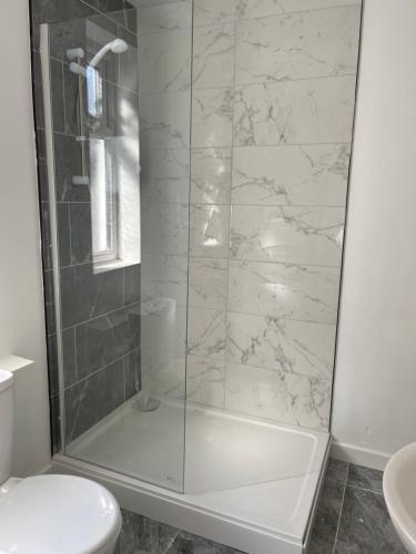 um chuveiro com uma porta de vidro na casa de banho em 3 bedroom Garden apartment next to craig-y-don park em Llandudno