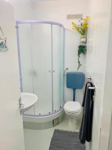 a bathroom with a shower and a toilet and a sink at Apartman Flora's Garden in Korčula