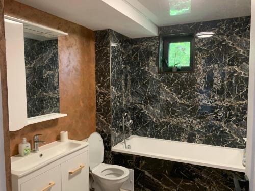 La salle de bains est pourvue d'un lavabo, d'une baignoire et de toilettes. dans l'établissement Apartament Maya Lumina, à Lumina