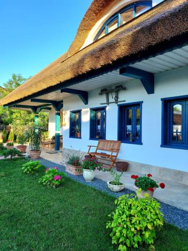 a house with a thatched roof and a bench at Agropensiunea Beluga in Gorgova