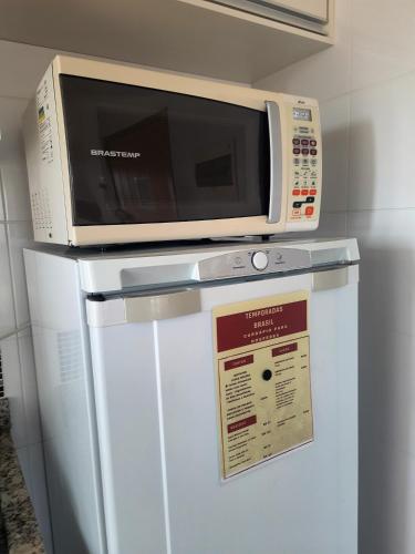 a microwave sitting on top of a refrigerator at VIKINGS- Alto Padrão, Apto Rústico com conforto,Wifi e vista incrivel máx 4 in São Carlos