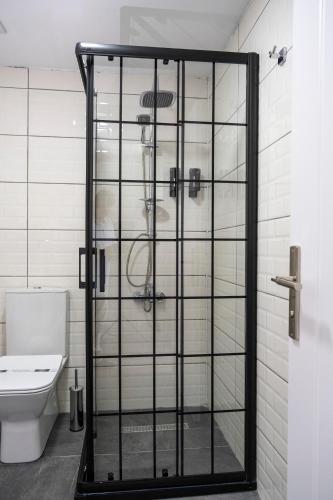 a glass shower in a bathroom with a toilet at Comfort Center Suit Hotel in Edirne