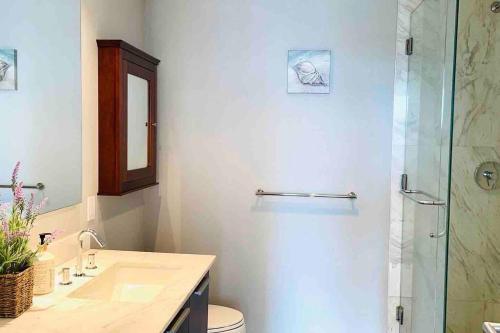 a bathroom with a toilet and a sink and a shower at WaterFalls Hotel - Deluxe 2 bedroom suite downtown free parking with pool and Air Conditioning in Victoria