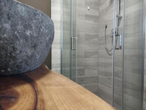 a bathroom with a shower with a large stone at Quiero Más B&B in San Nicola Arcella