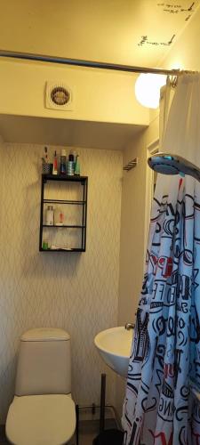 a bathroom with a toilet and a sink at Mysig stuga med närhet till stränder och nöjen in Visby
