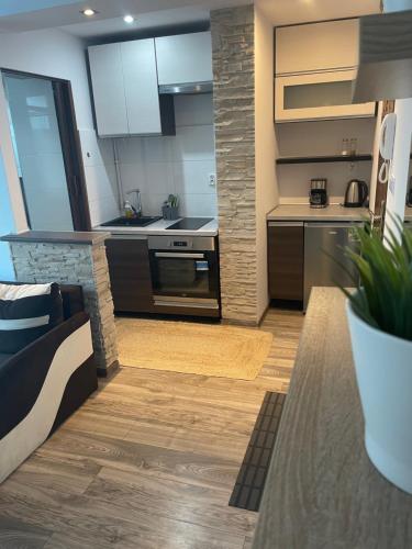 a kitchen with a stove top oven next to a counter at Apartament Północ in Koszalin