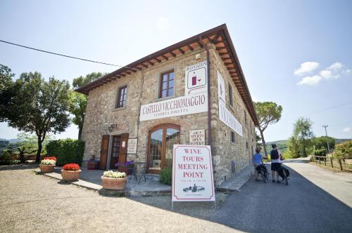 a building with a sign in front of it at Castello Vicchiomaggio in Greve in Chianti
