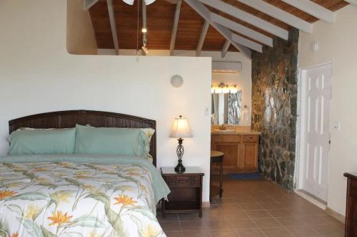 a bedroom with a bed and a bathroom with a sink at Sunset Ridge Villa D in Cruz Bay