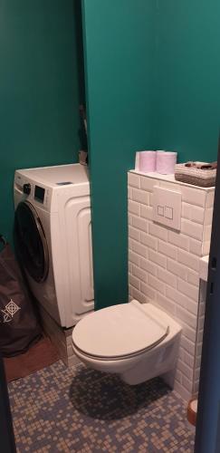 La salle de bains est pourvue de toilettes et d'un lave-linge. dans l'établissement Appartement Lumineux de 90 m2 situé en centre ville, à Annecy