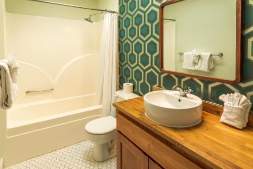 a bathroom with a sink and a toilet and a mirror at Deschutes Nest in Bend