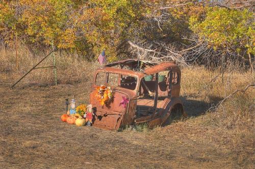 an old truck sitting in a field with pumpkins at Pine River Cabin 2 BR Bayfield in Bayfield