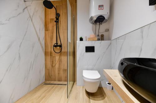 a bathroom with a shower and a toilet and a sink at Vila Nela in Benkovac