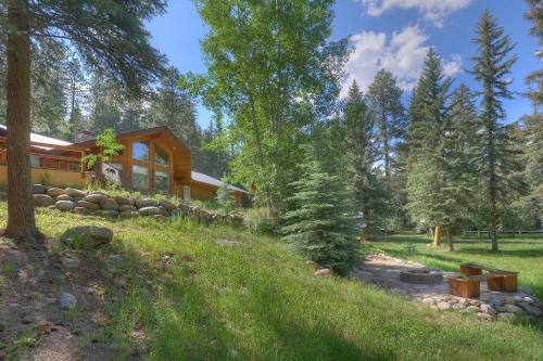 a log home in the woods with a path in front at Seven Pines Cabin in Vallecito Lake Area in Bayfield