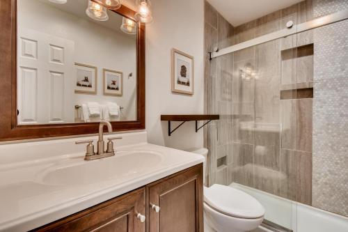 Un baño con lavabo, inodoro y ducha. en 216 Pitkin St Unit6, en Frisco