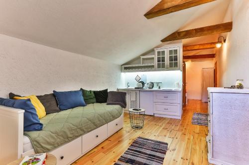 ein Wohnzimmer mit einem Sofa und einer Küche in der Unterkunft Iguana House in Stari Bar