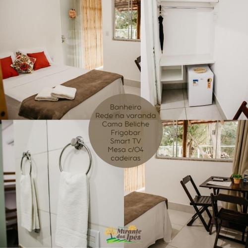a collage of three pictures of a room with a bedroom at Pousada Mirante dos Ipês - Capitólio - MG in Capitólio