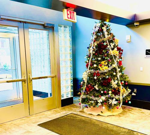 a christmas tree in the corner of a room at Ski In/Out (In The Village Close To Everything) in Snowshoe
