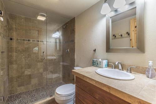 ein Bad mit einem Waschbecken, einem WC und einer Dusche in der Unterkunft Aspen Grove in Creede