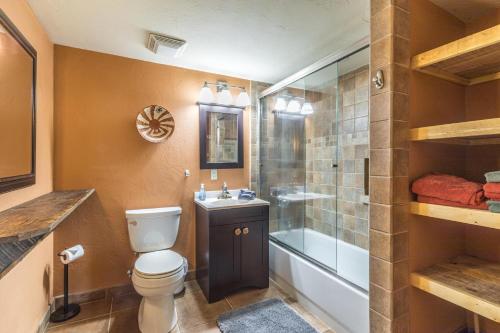 a bathroom with a toilet and a shower and a sink at Aspen Grove in Creede