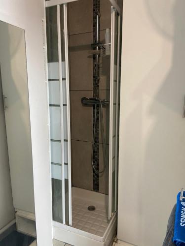 une douche dans une salle de bain avec une porte vitrée dans l'établissement Cosy studio Paris 16 métro Exelmans, à Paris