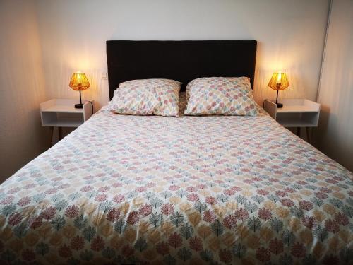 - une chambre avec un lit et 2 lampes sur 2 tables dans l'établissement Au Cocon d'Ornon - Top Location Bordeaux, à Villenave-dʼOrnon