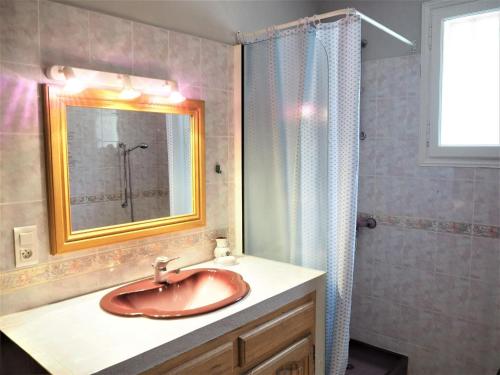 a bathroom with a sink and a mirror and a shower at Ménerbes Home with Private Pool in Ménerbes