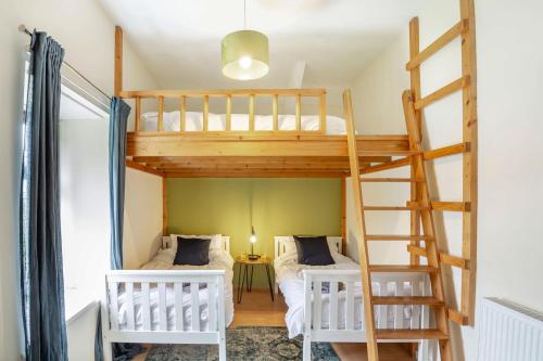 a bunk bed room with two beds and a ladder at Stiniog Lodge in Blaenau-Ffestiniog