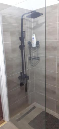 a shower stall with a bike on the wall at Bajina Basta stan na dan in Bajina Bašta