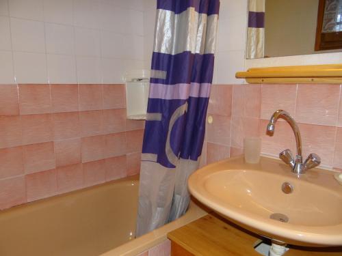 une salle de bain avec un lavabo et un rideau de douche dans l'établissement Villard-de-Lans : Joli studio mezzanine 4 pers, proche navette ski et ludiparc - FR-1-515-114, à Villard-de-Lans