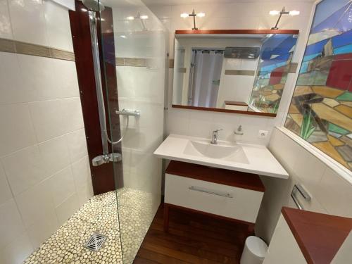 y baño con lavabo y ducha. en Villa Capbreton, 2 pièces, 4 personnes - FR-1-413-180, en Capbreton
